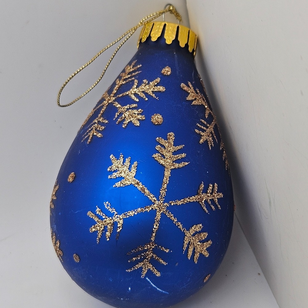 Vintage Blue Glass Teardrop Christmas Ornament Gold Glitter Snowflake Holiday